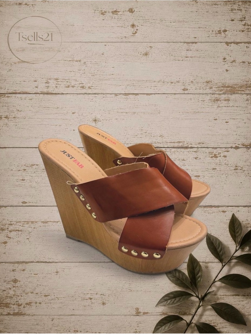 JustFab Faux Wood Chunky Platform Wedge Sandals - Size 7
